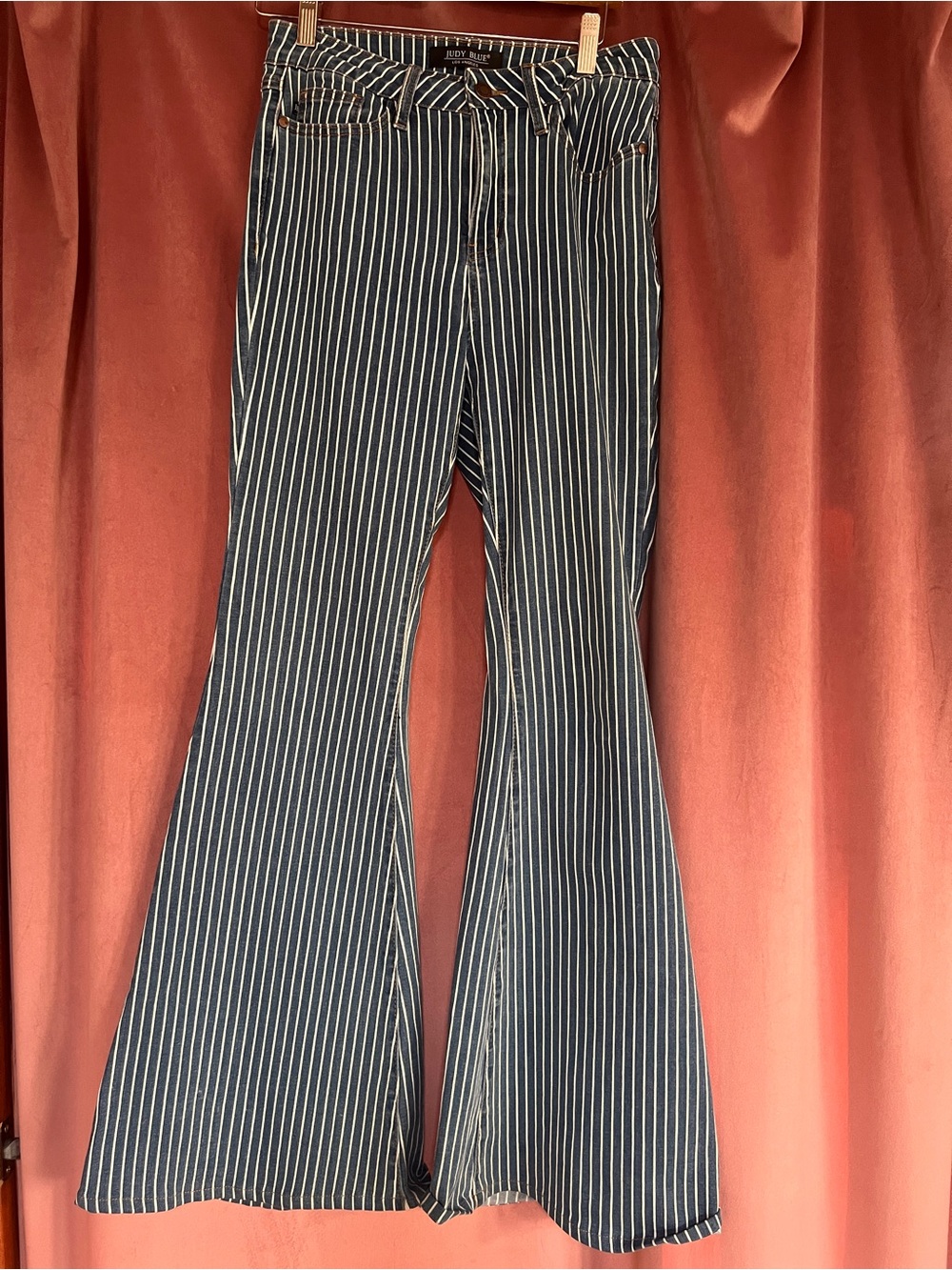 Super groovy Judy Blue Navy Pinstripe Flare Jeans
